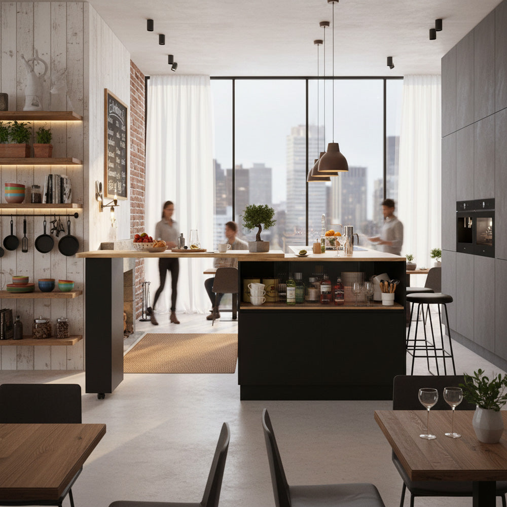 Black versatile 360° revolving dining bar table with sliding fluted glass doors GHENS BLACK UK