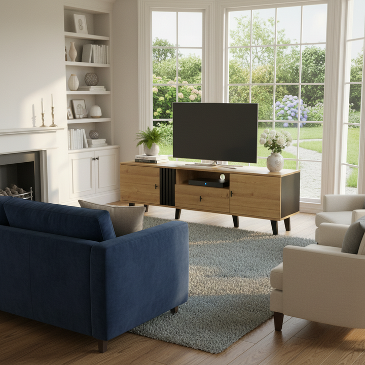 Modern wooden TV cabinet with drawer 2 doors with black slatted design SEEDLING