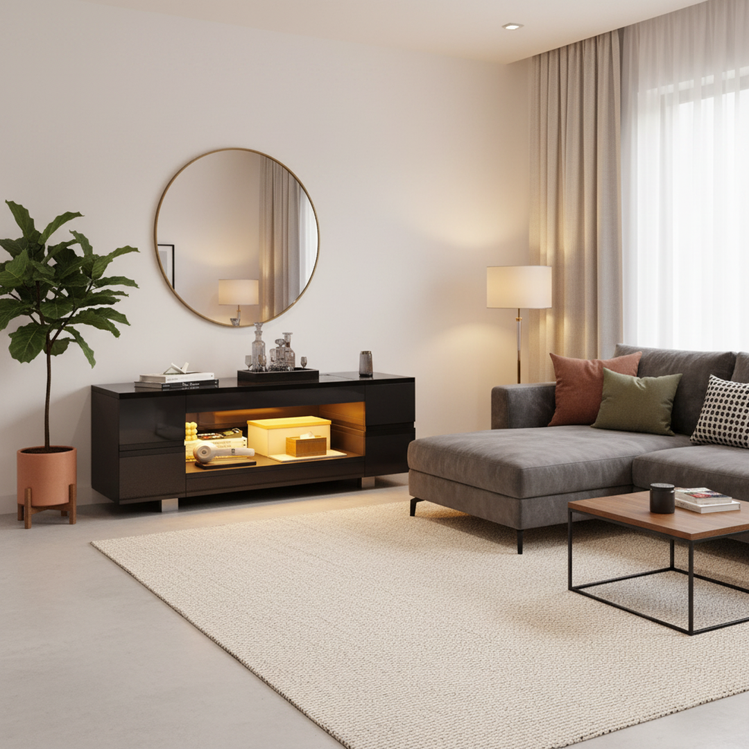 Black hollow LED coffee table with open storage and glass top 100×50×35cm SEAHORSETAIL