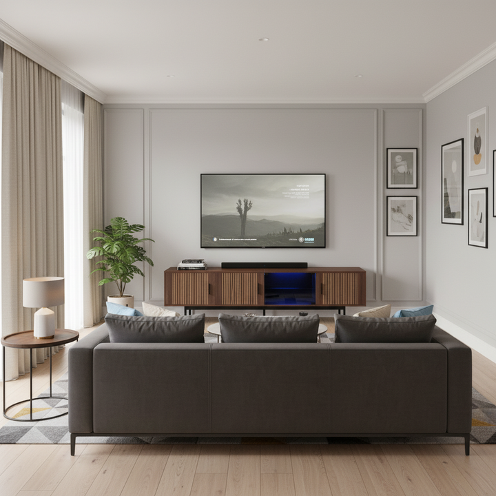 Vintage carved wood textured TV Stand with LED lighting and glass door AMPHIBIAN