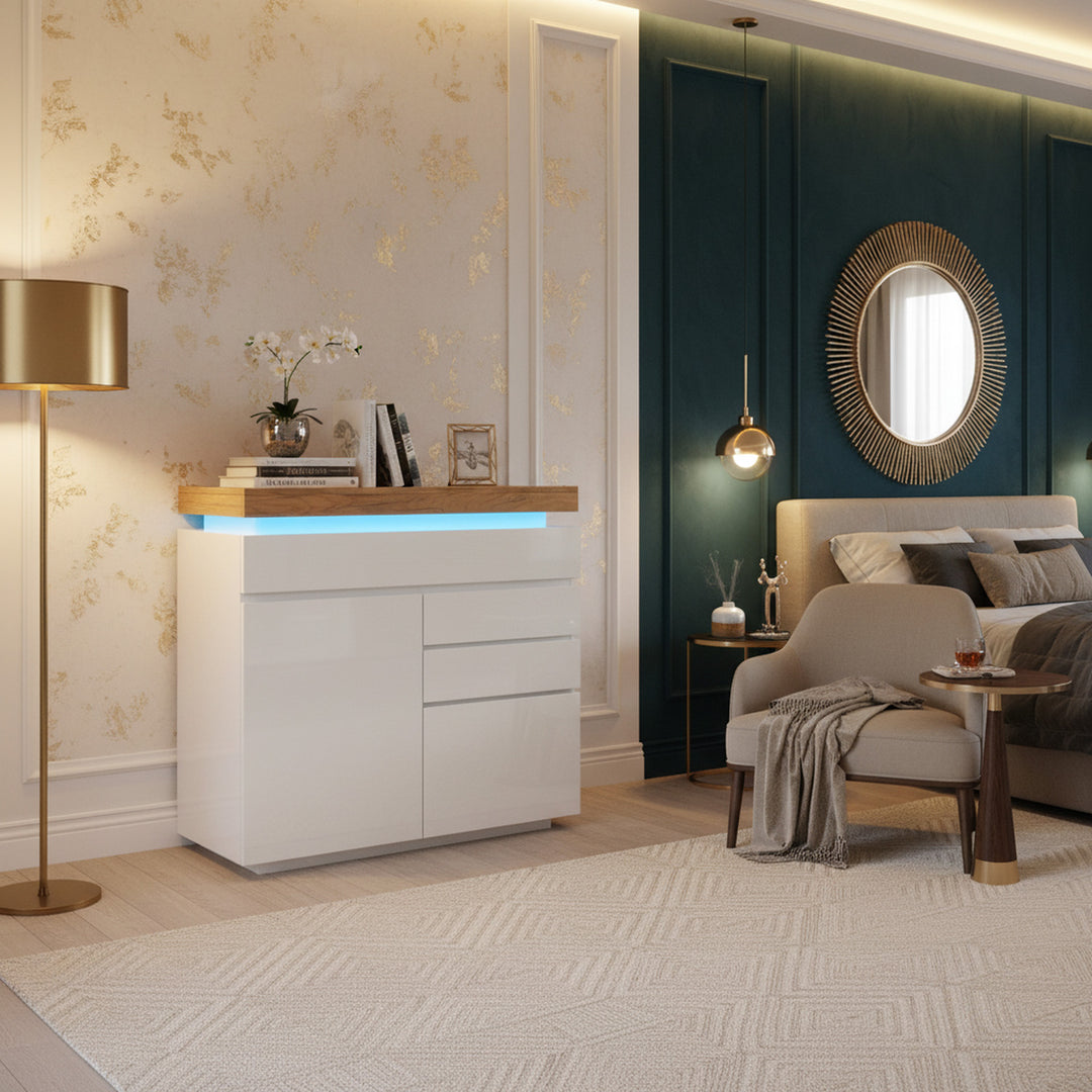 White high-gloss sideboard 2 doors and 3 drawers with LED light 115x110x39cm MIMMU UK
