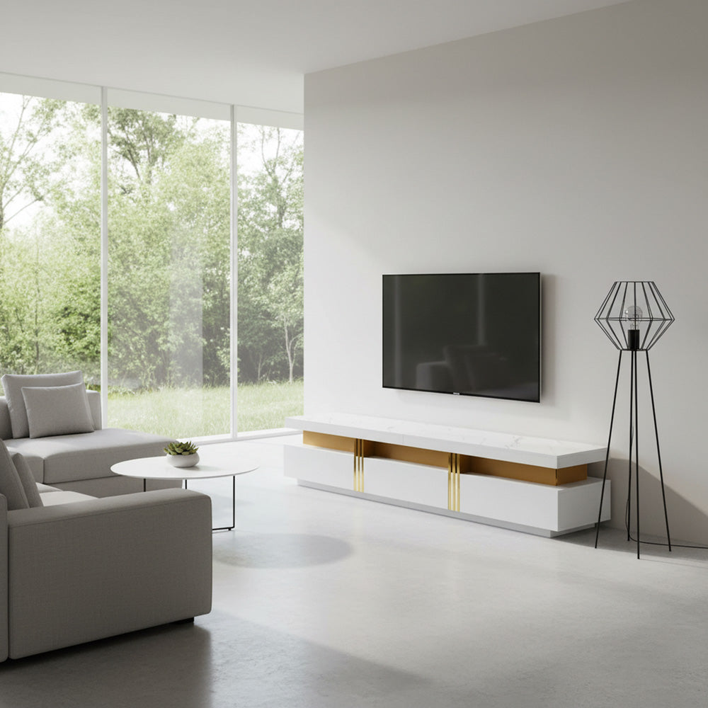 White marble pattern TV stand golden line luxury style 3 drawers VAALS UK
