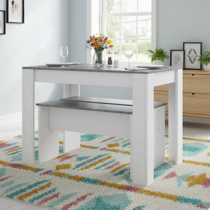 White & grey marble look dining table set with 2 benches NODFACTOR