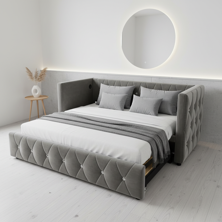 Grey velvet single upholstered guest day bed diamond design with trundle, USB charging STEKZEL GREY UK