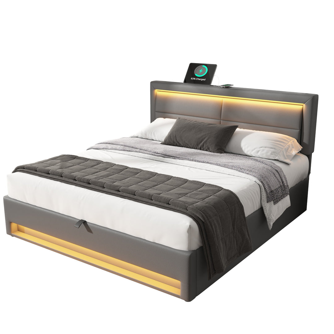 Upholstered gray Double Bed frame with LED lighting and storage space KRAIHAIKS UK