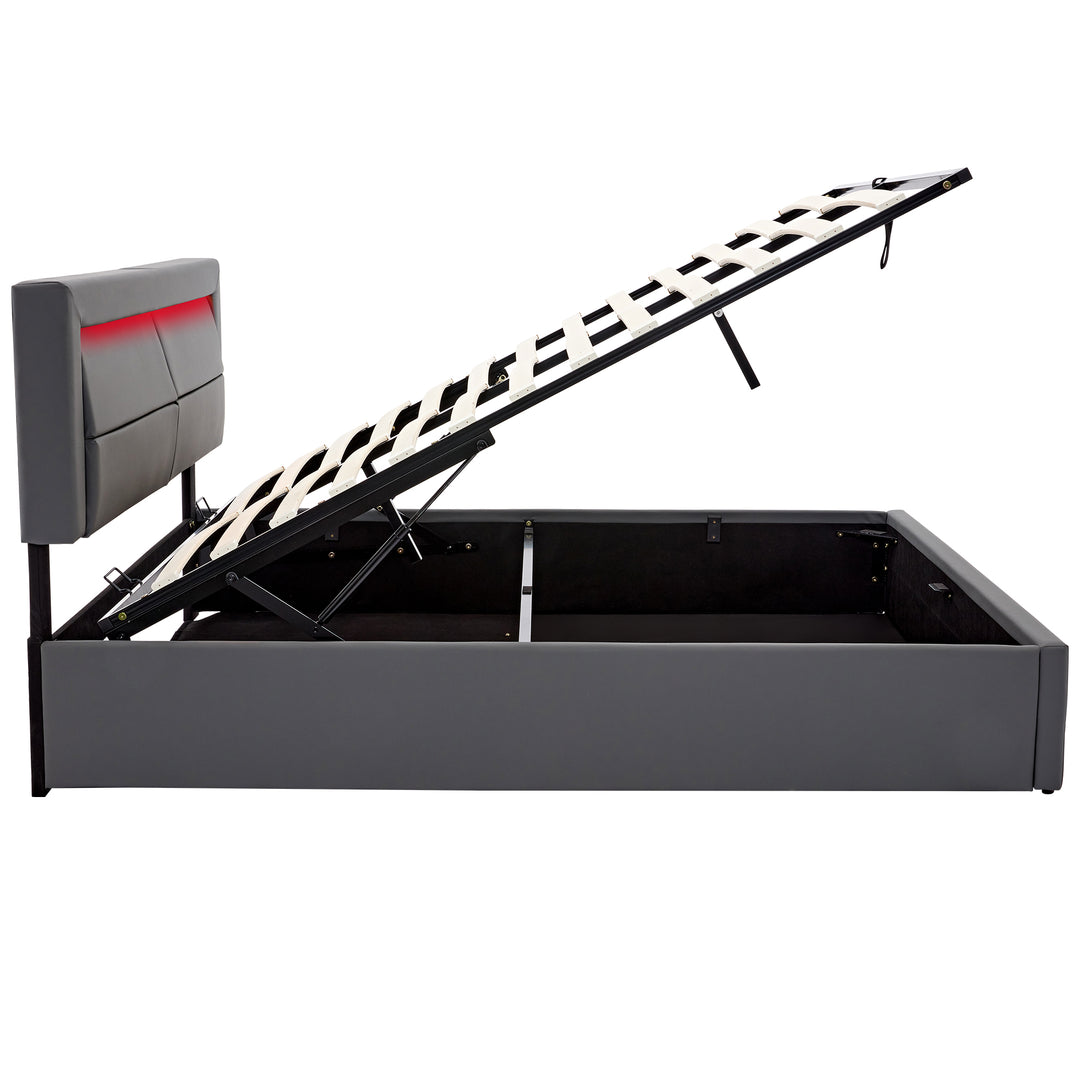 Upholstered gray Double Bed frame with LED lighting and storage space KRAIHAIKS UK