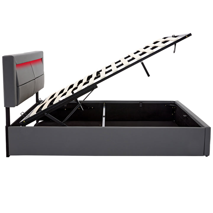 Upholstered gray Double Bed frame with LED lighting and storage space KRAIHAIKS UK