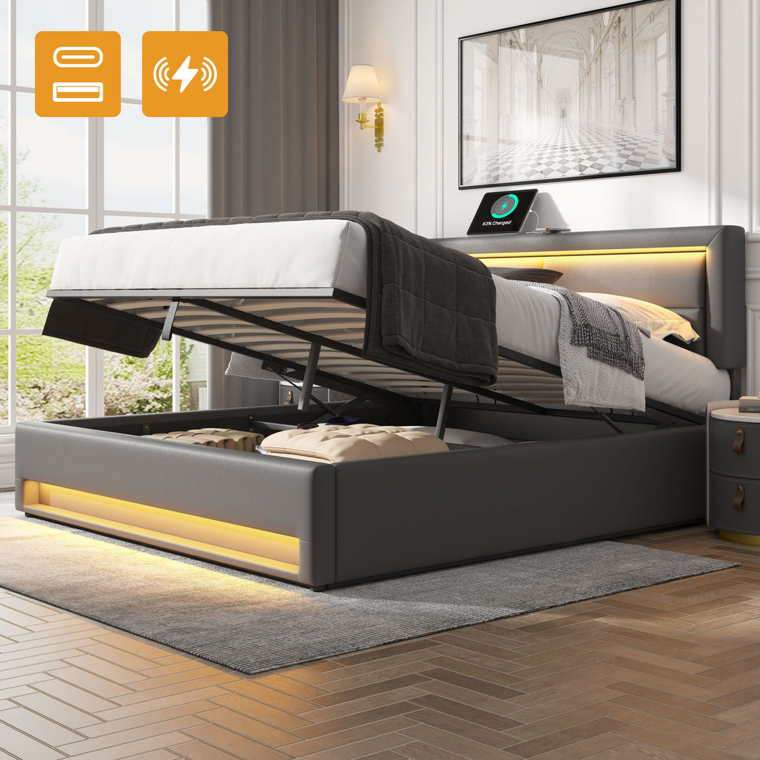Upholstered gray Double Bed frame with LED lighting and storage space KRAIHAIKS UK