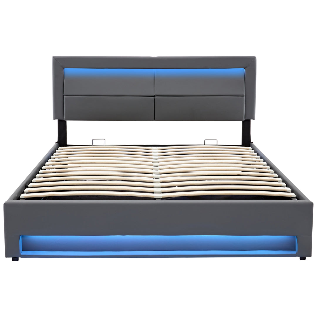 Upholstered gray Double Bed frame with LED lighting and storage space KRAIHAIKS UK