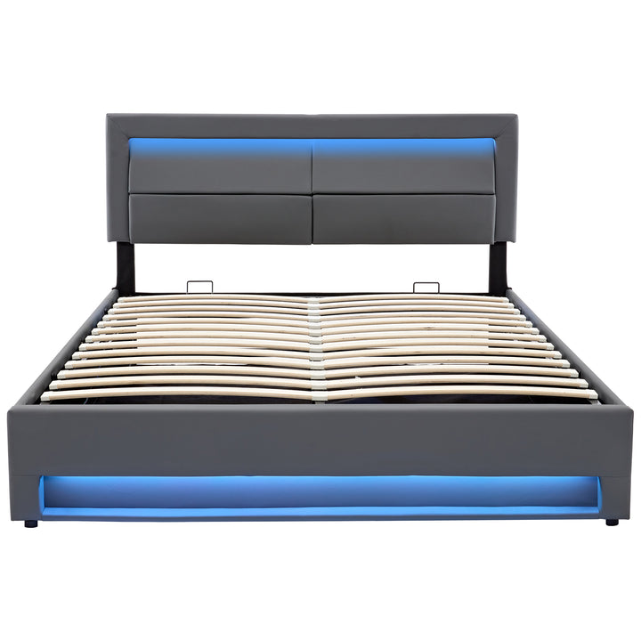 Upholstered gray Double Bed frame with LED lighting and storage space KRAIHAIKS UK