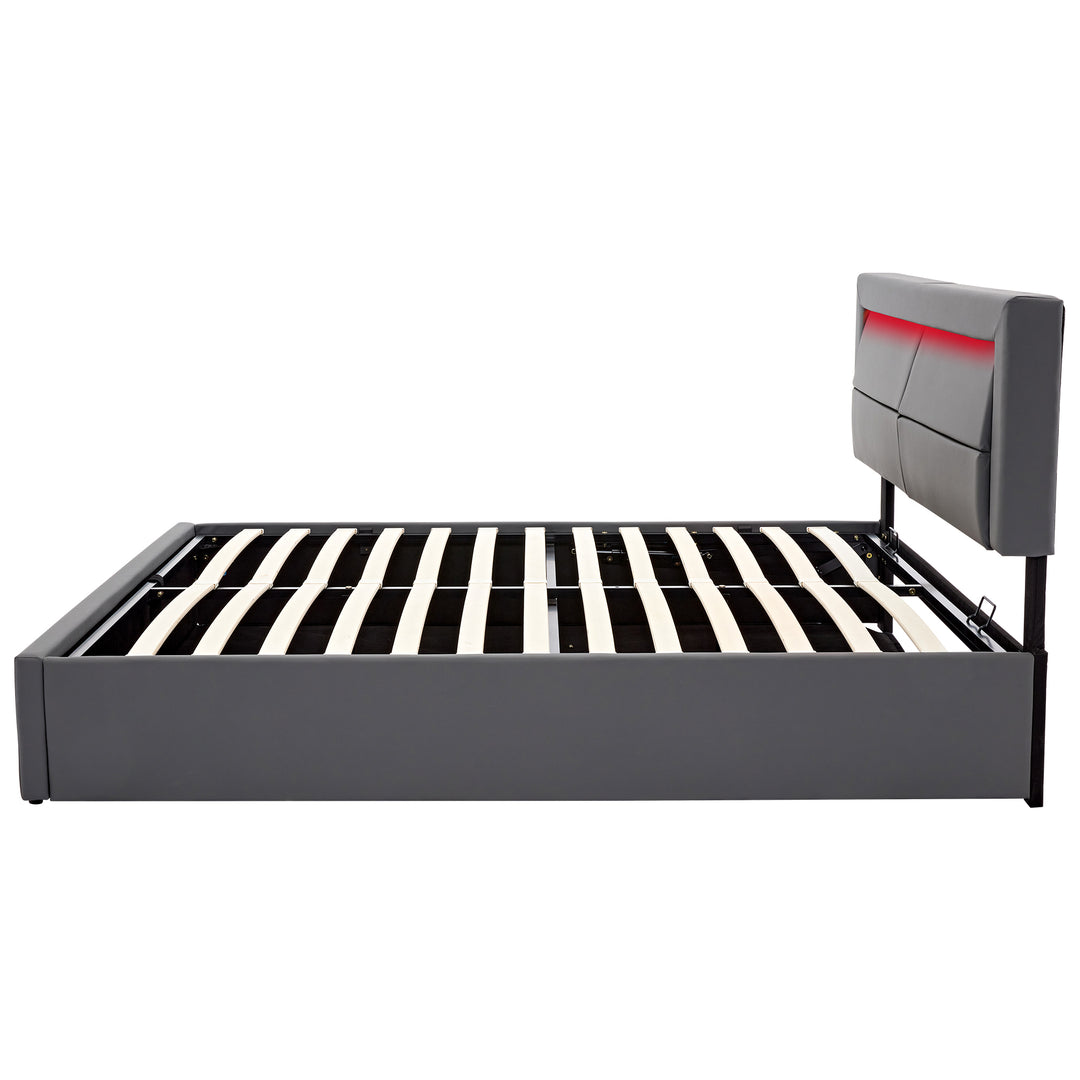 Upholstered gray Double Bed frame with LED lighting and storage space KRAIHAIKS UK