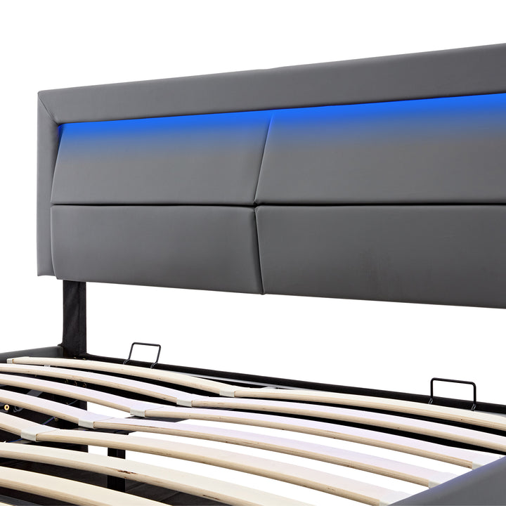 Upholstered gray Double Bed frame with LED lighting and storage space KRAIHAIKS UK
