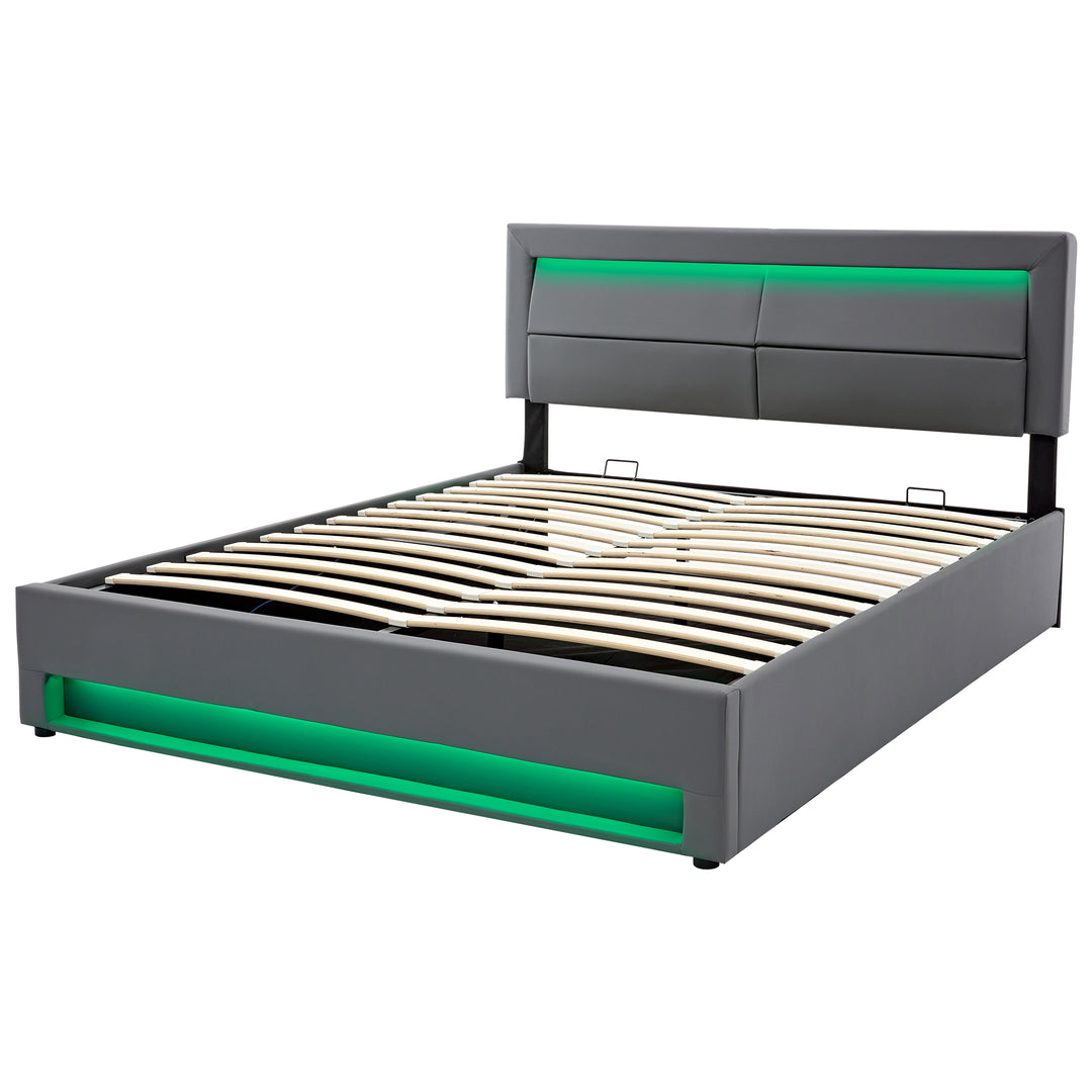 Upholstered gray Double Bed frame with LED lighting and storage space KRAIHAIKS UK