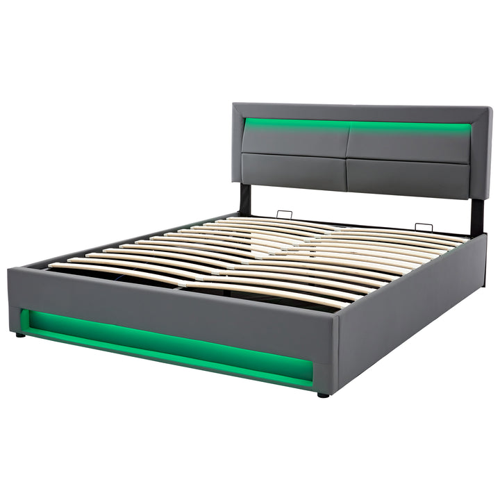 Upholstered gray Double Bed frame with LED lighting and storage space KRAIHAIKS UK