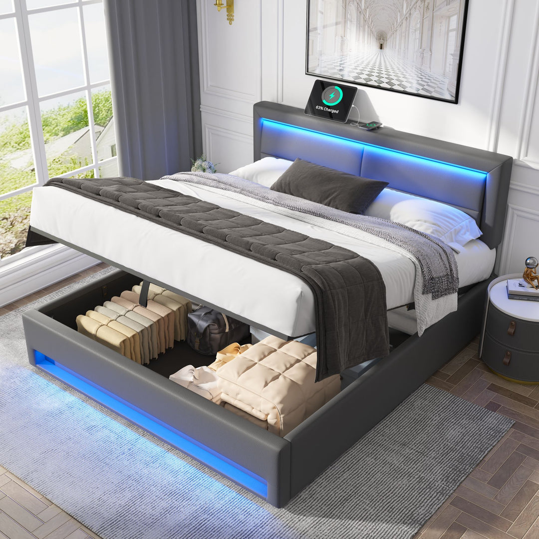 Upholstered gray Double Bed frame with LED lighting and storage space KRAIHAIKS UK