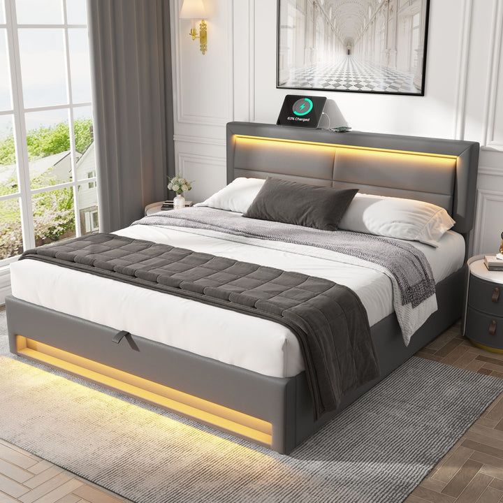 Upholstered gray Double Bed frame with LED lighting and storage space KRAIHAIKS UK