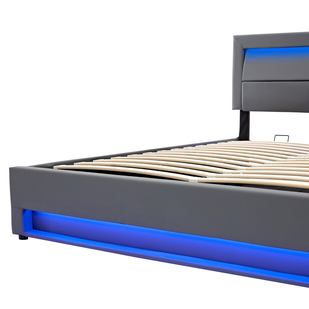 Upholstered gray Double Bed frame with LED lighting and storage space KRAIHAIKS UK