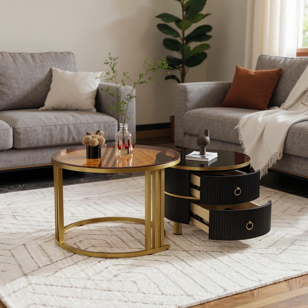 Set of 2 black golden glass round nesting coffee tables with 2 drawers CHOHMOI BR BLACK UK