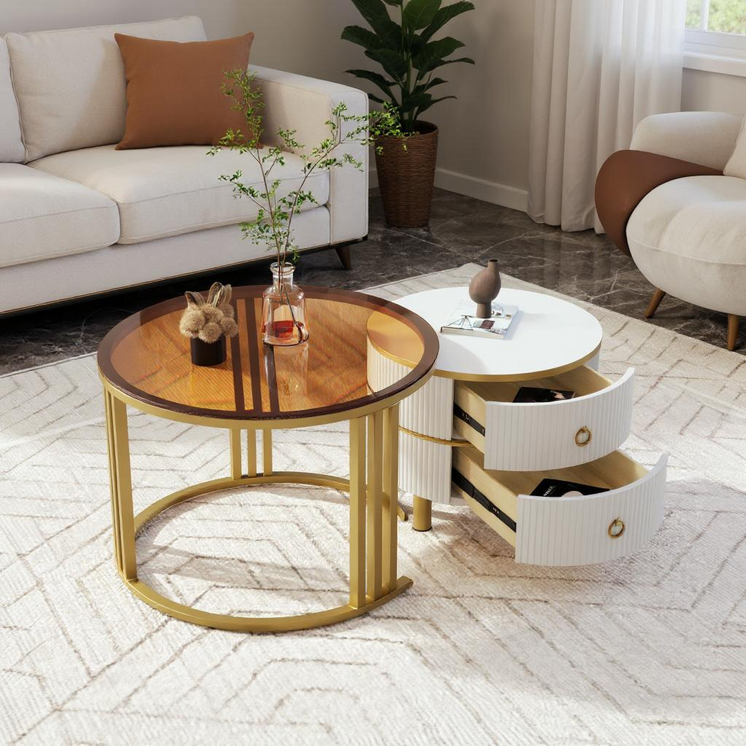 Set of 2 white golden glass round coffee tables with 2 drawers CHOHMOI BR WHITE UK