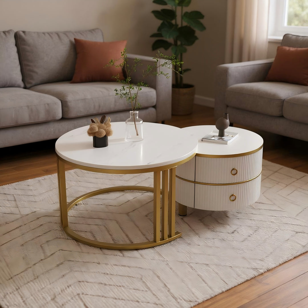 Set of 2 nesting white glass coffee table golden frame 2 drawers CHOHMOI GD WHITE UK