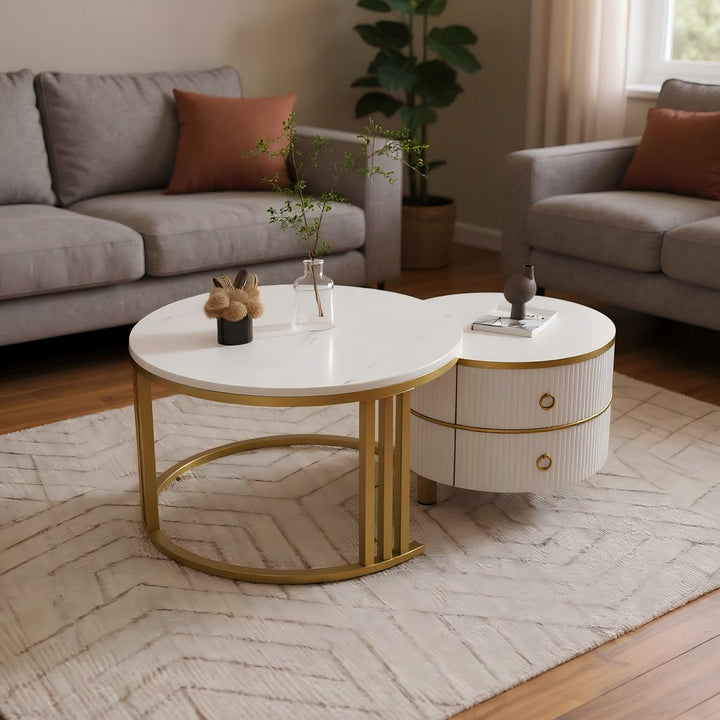 Set of 2 nesting white glass coffee table golden frame 2 drawers CHOHMOI GD WHITE UK