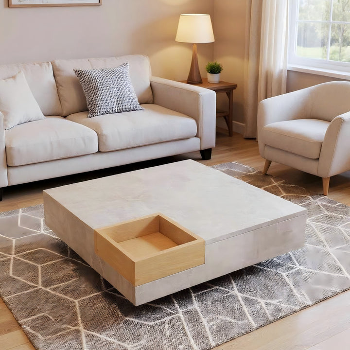 Modern concrete look coffee table with removable wooden storage box CROKS UK