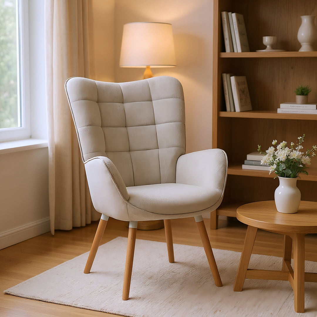 Scandinavian beige sheepskin fabric armchair FUNKEL FABRIC BEIGE NATURAL WOOD LEG