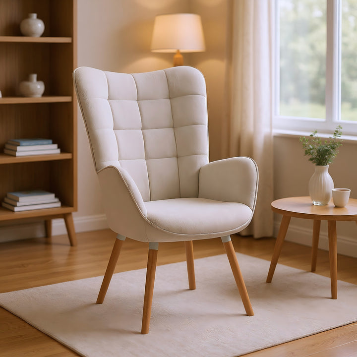 Scandinavian beige sheepskin fabric armchair FUNKEL FABRIC BEIGE NATURAL WOOD LEG