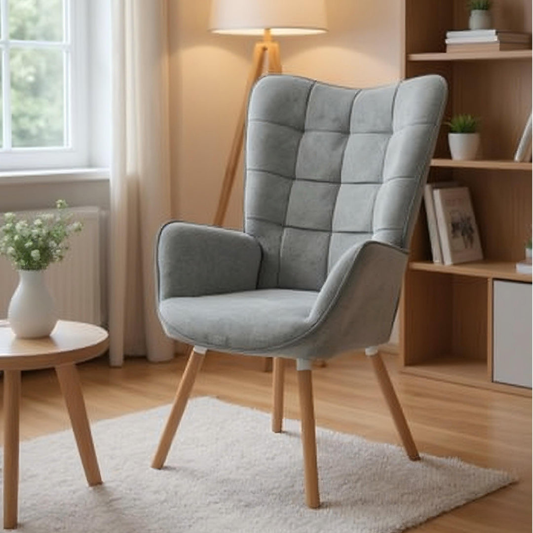 Scandinavian grey fabric armchair FUNKEL FABRIC GREY NATURAL WOOD LEG