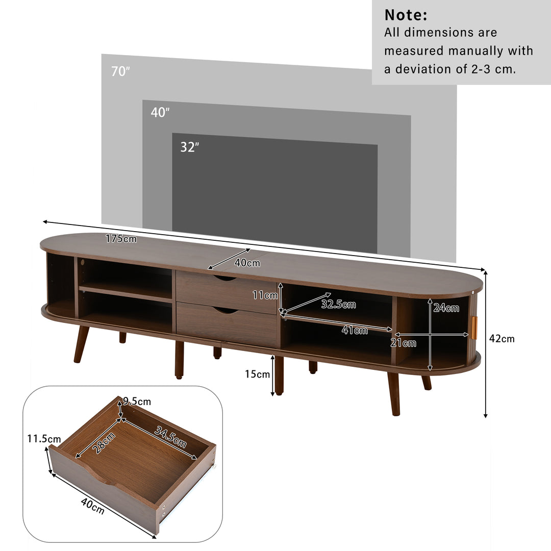 Long oval TV stand retro wooden look with 2 sliding doors 2 drawers HORSETAILJOINT