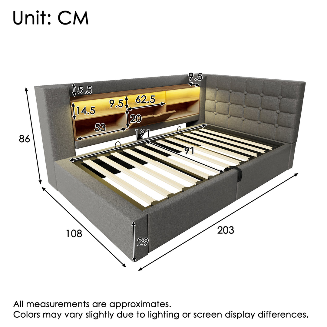 Single Daybed 3ft Grey Linen Upholstered Bed with Hydraulic Storage and LED Lights 90x190cm TRUNKMAX