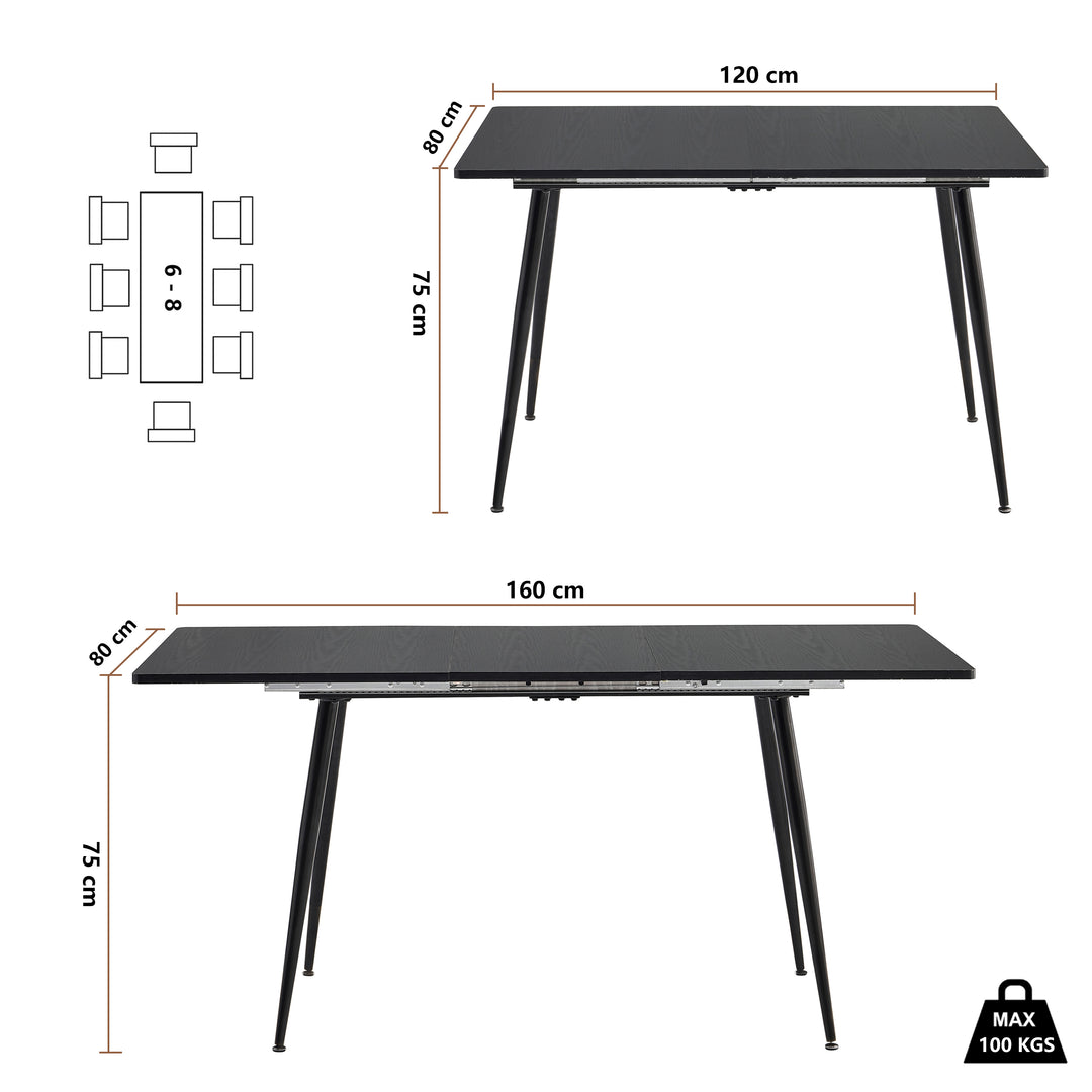 Rectangular extendable black dining room table with Scandinavian style wood effect gold dot feet 120-160 cm WHALEN DARK WOOD STRETCH TABLE BG