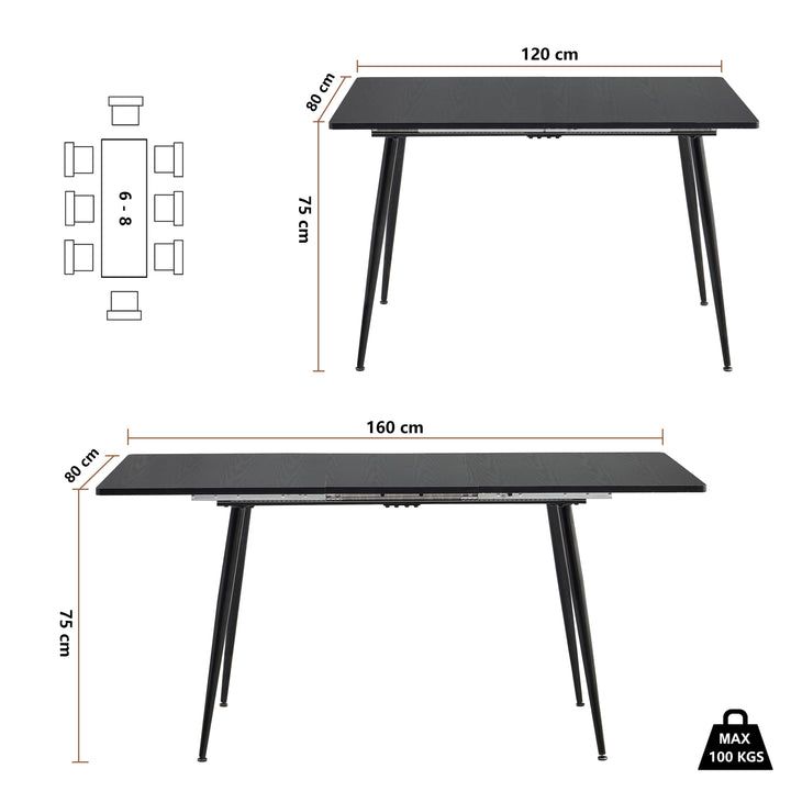 Rectangular extendable black dining room table with Scandinavian style wood effect gold dot feet 120-160 cm WHALEN DARK WOOD STRETCH TABLE BG