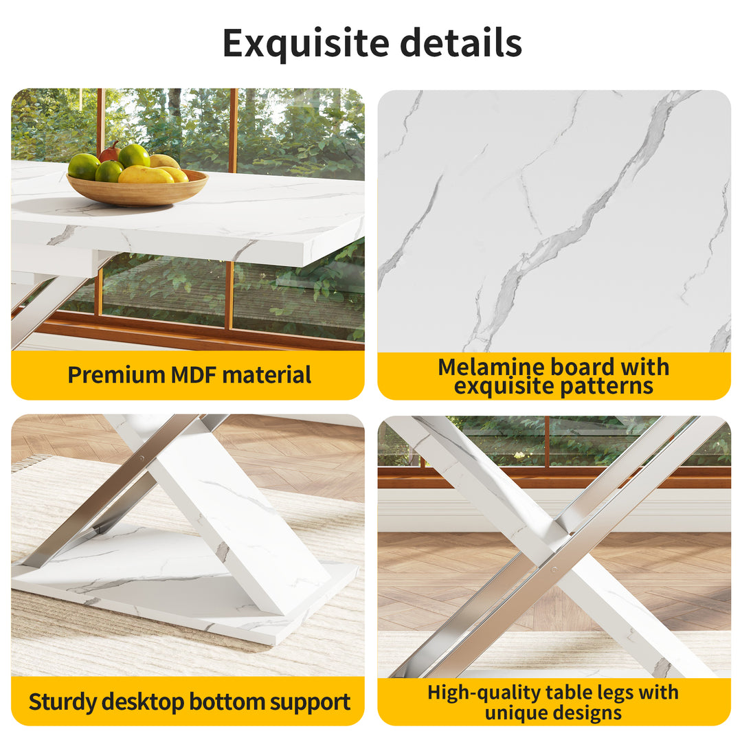 White marble-look extendable dining table cross legs design 118–157cm ASCENDIS