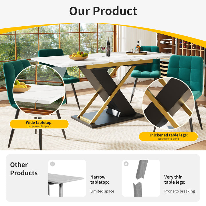 Extendable dining table 120–160 × 80 cm with marble-look top and golden cross legs COPPICEKNOLL