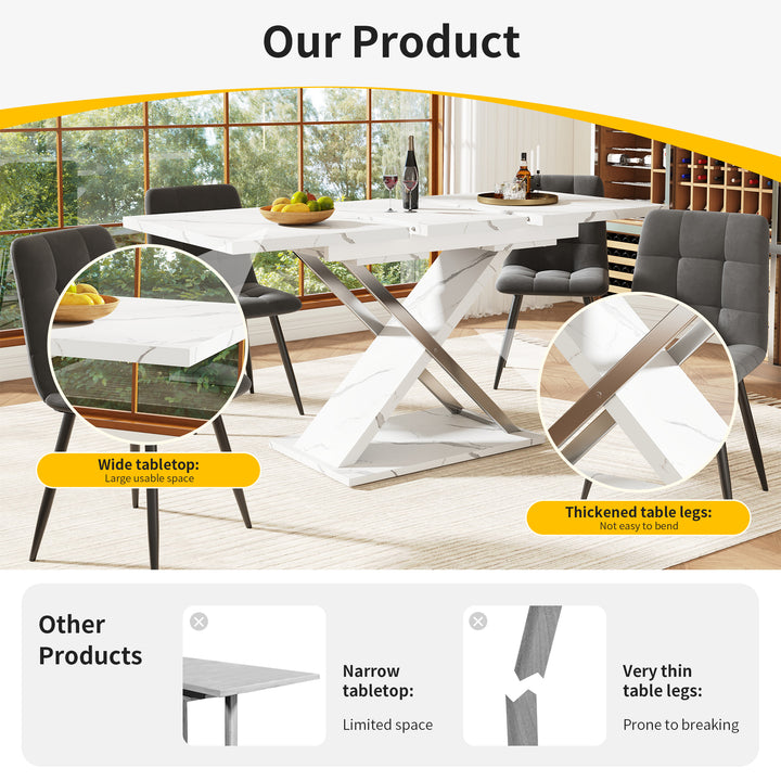 White marble-look extendable dining table cross legs design 118–157cm ASCENDIS