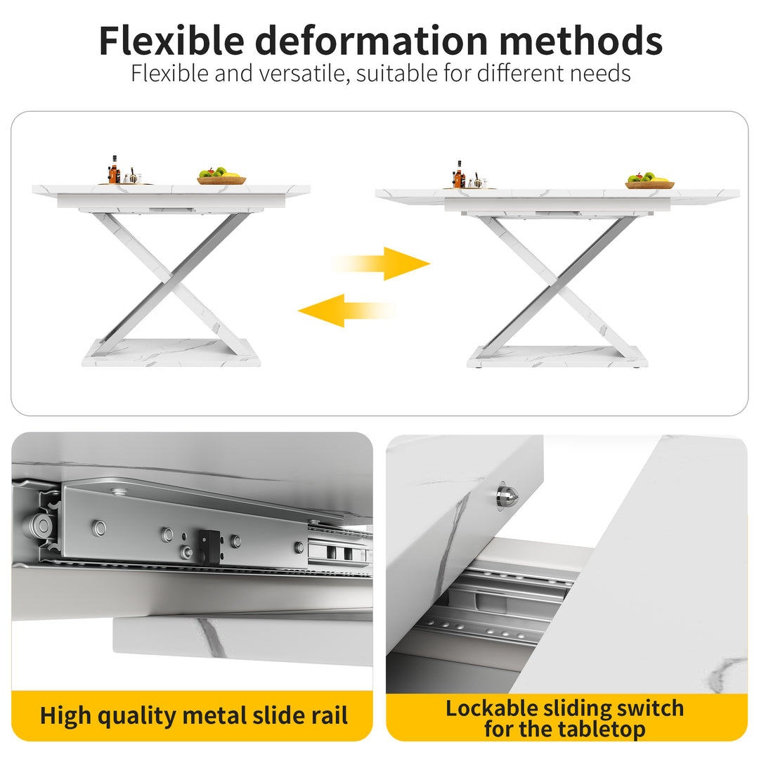 White marble-look extendable dining table cross legs design 118–157cm ASCENDIS