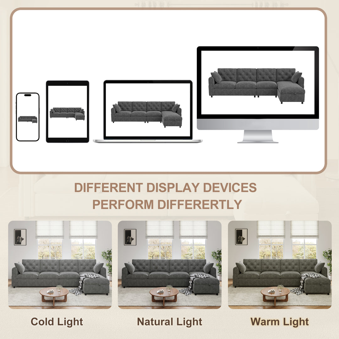 Modern L-shaped 3-seater velvet grey sectional sofa with storage chaise 281x132x86cm ELEGANT STEEL MAX