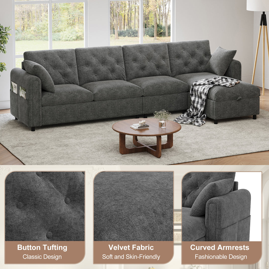 Modern L-shaped 3-seater velvet grey sectional sofa with storage chaise 281x132x86cm ELEGANT STEEL MAX