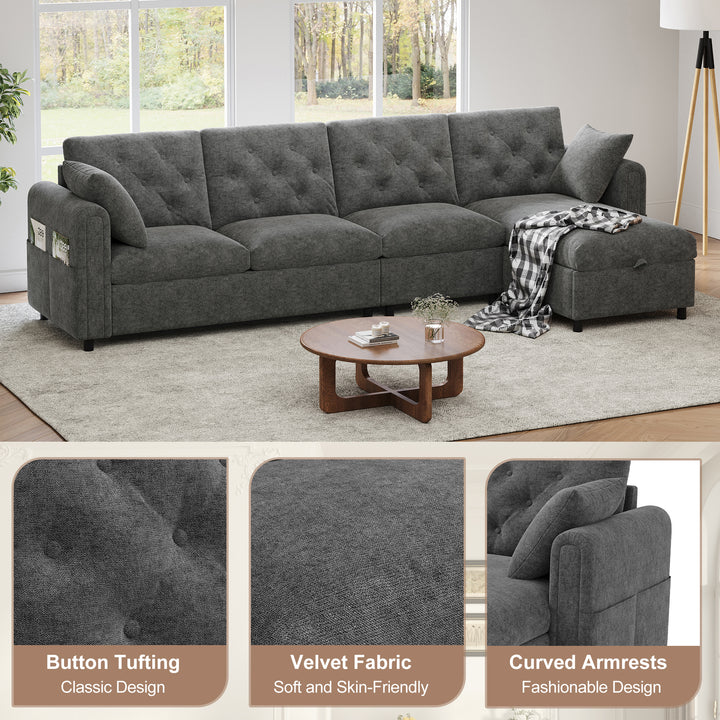 Modern L-shaped 3-seater velvet grey sectional sofa with storage chaise 281x132x86cm ELEGANT STEEL MAX
