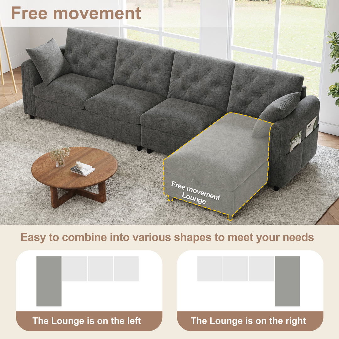 Modern L-shaped 3-seater velvet grey sectional sofa with storage chaise 281x132x86cm ELEGANT STEEL MAX