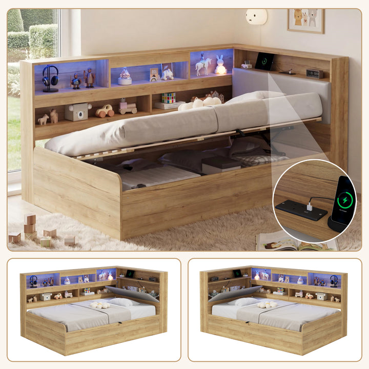 Wooden Grey PU Ottoman Daybed with LED, USB & USB-C 90 x 190 cm TRUNKLINE