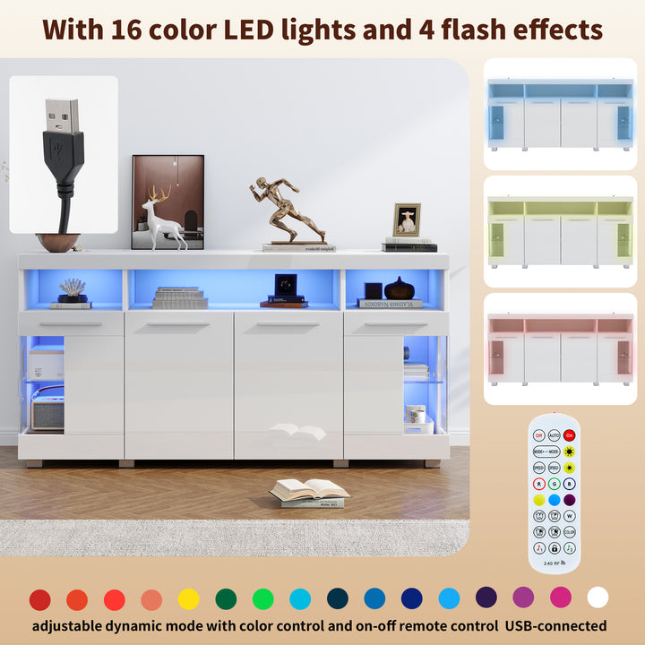 White high gloss sideboard cabinet with LED lights and glass shelves 140x40x70cm QUADSCREEN