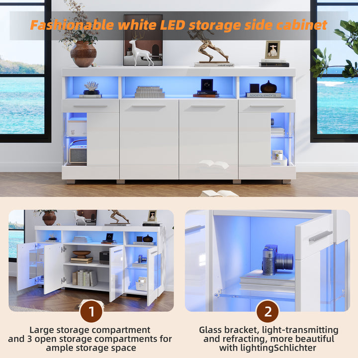 White high gloss sideboard cabinet with LED lights and glass shelves 140x40x70cm QUADSCREEN