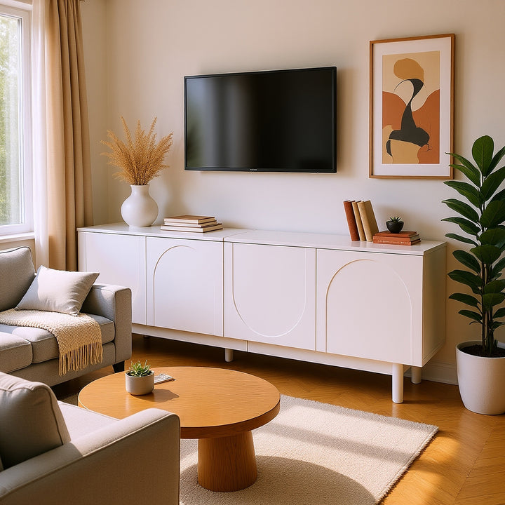Modern white TV cabinet with 4 push-to-open storage doors RCEPTOR