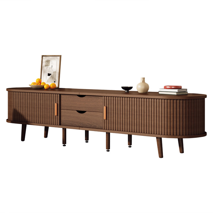 Long oval TV stand retro wooden look with 2 sliding doors 2 drawers HORSETAILJOINT