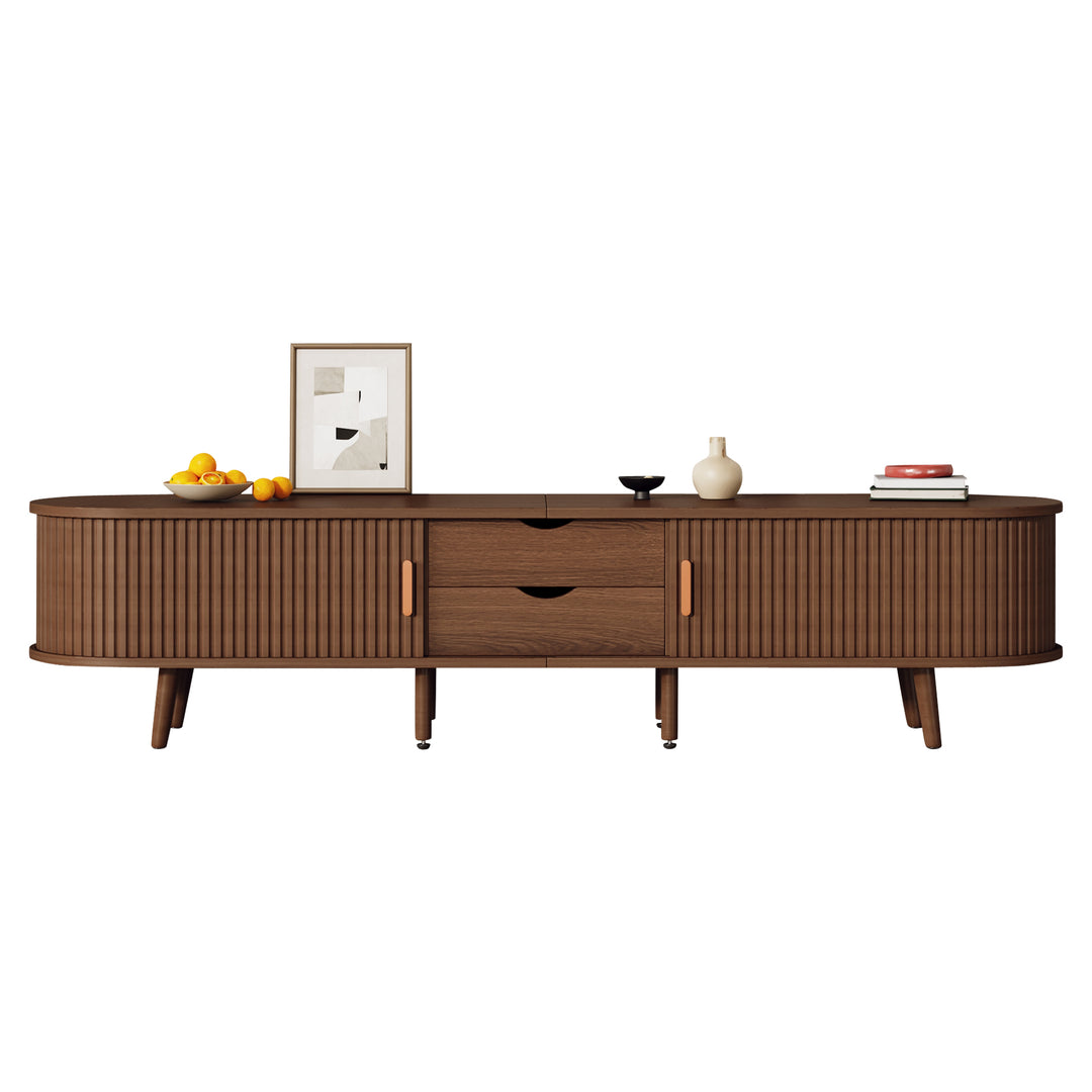 Long oval TV stand retro wooden look with 2 sliding doors 2 drawers HORSETAILJOINT