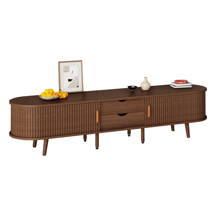 Long oval TV stand retro wooden look with 2 sliding doors 2 drawers HORSETAILJOINT