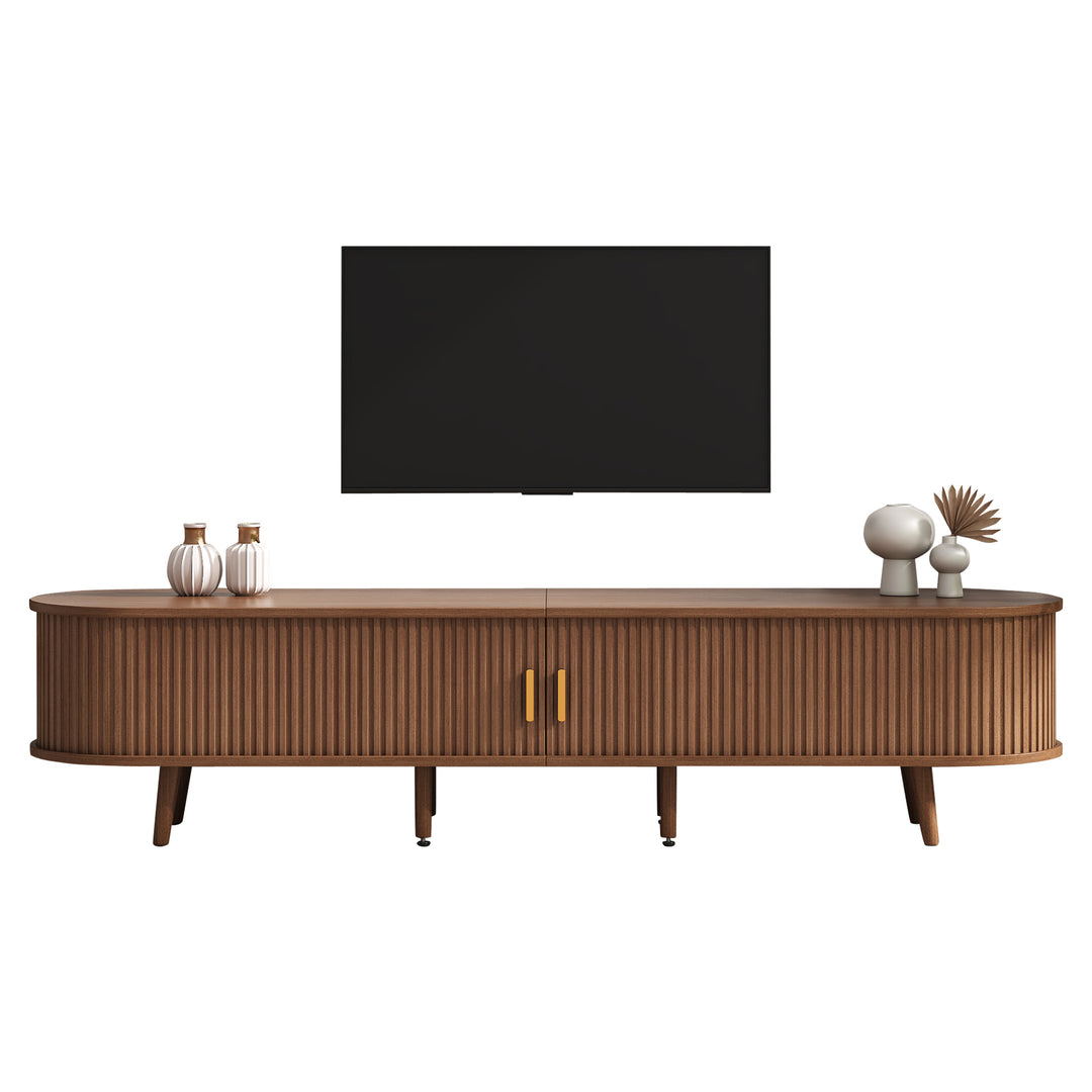 Long oval TV stand retro wooden look with 2 sliding doors 2 drawers HORSETAILJOINT