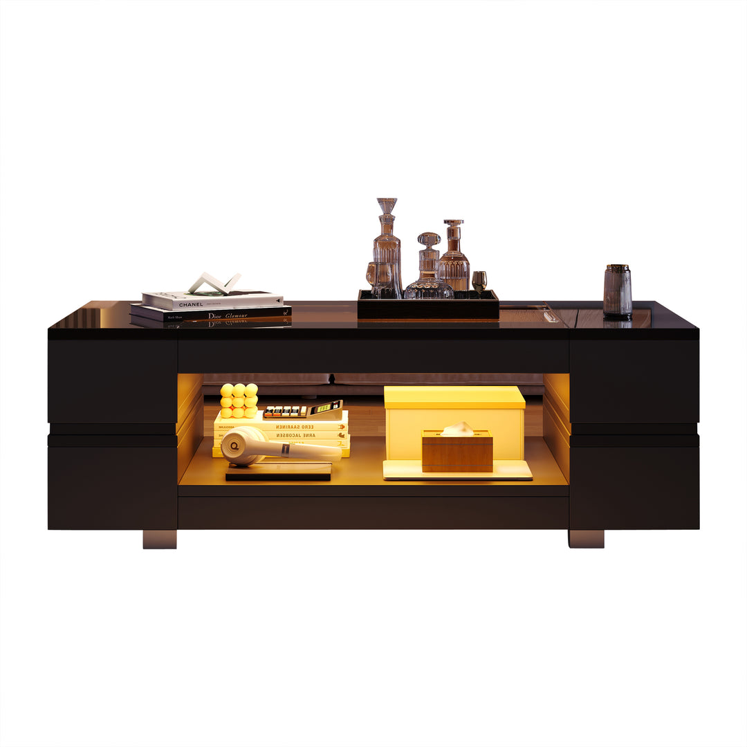 Black hollow LED coffee table with open storage and glass top 100×50×35cm SEAHORSETAIL